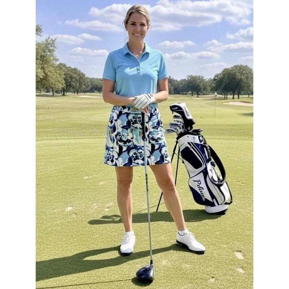 Women’s Mod Retro Floral Geometric Skort Mini Aqua Blue Stretch Golf Tennis‎ 16
